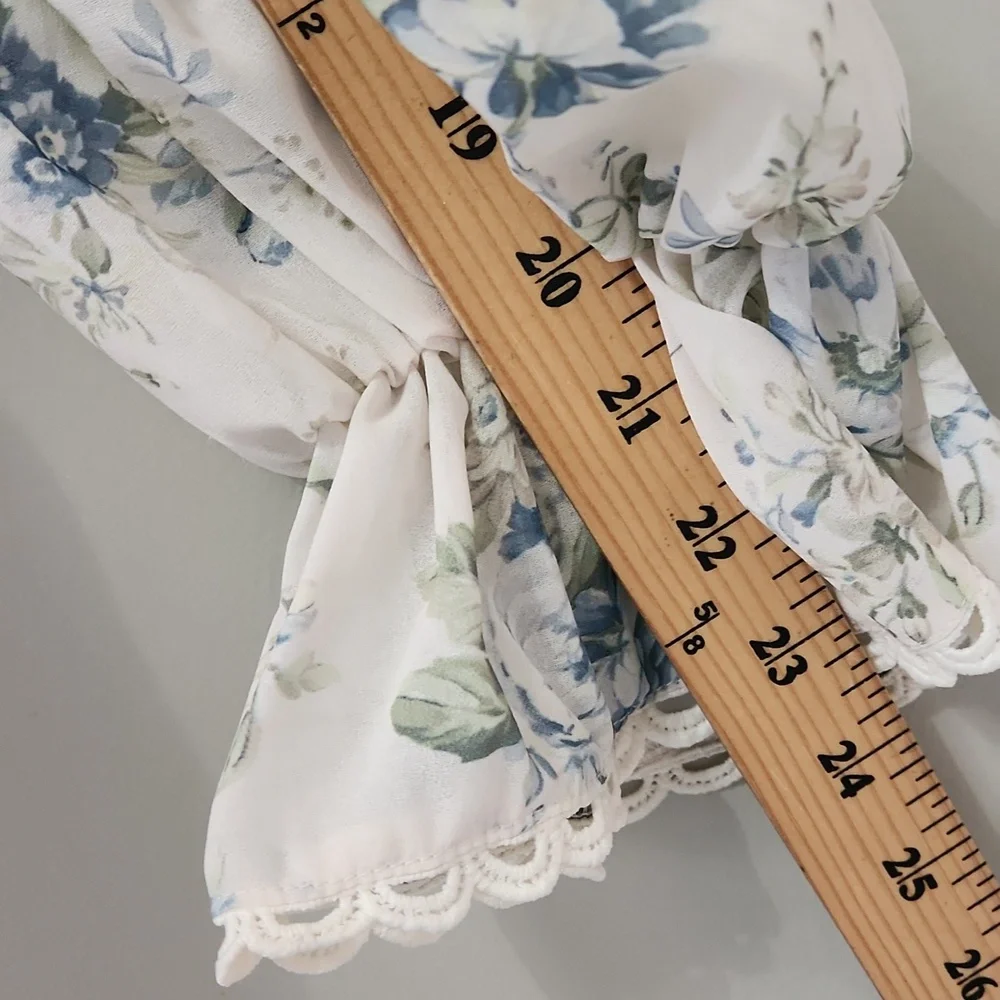 Altar'd State Fern Floral Mini Dress Ivory Blue Babydoll Puff Sleeve Cottagecore - Picture 11 of 14